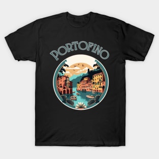 Portofino Italy Streetscape Art - Retro Vintage Travel T-Shirt